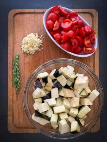 Italian Eggplant stew ingredients ready for cooking no oil no salt version