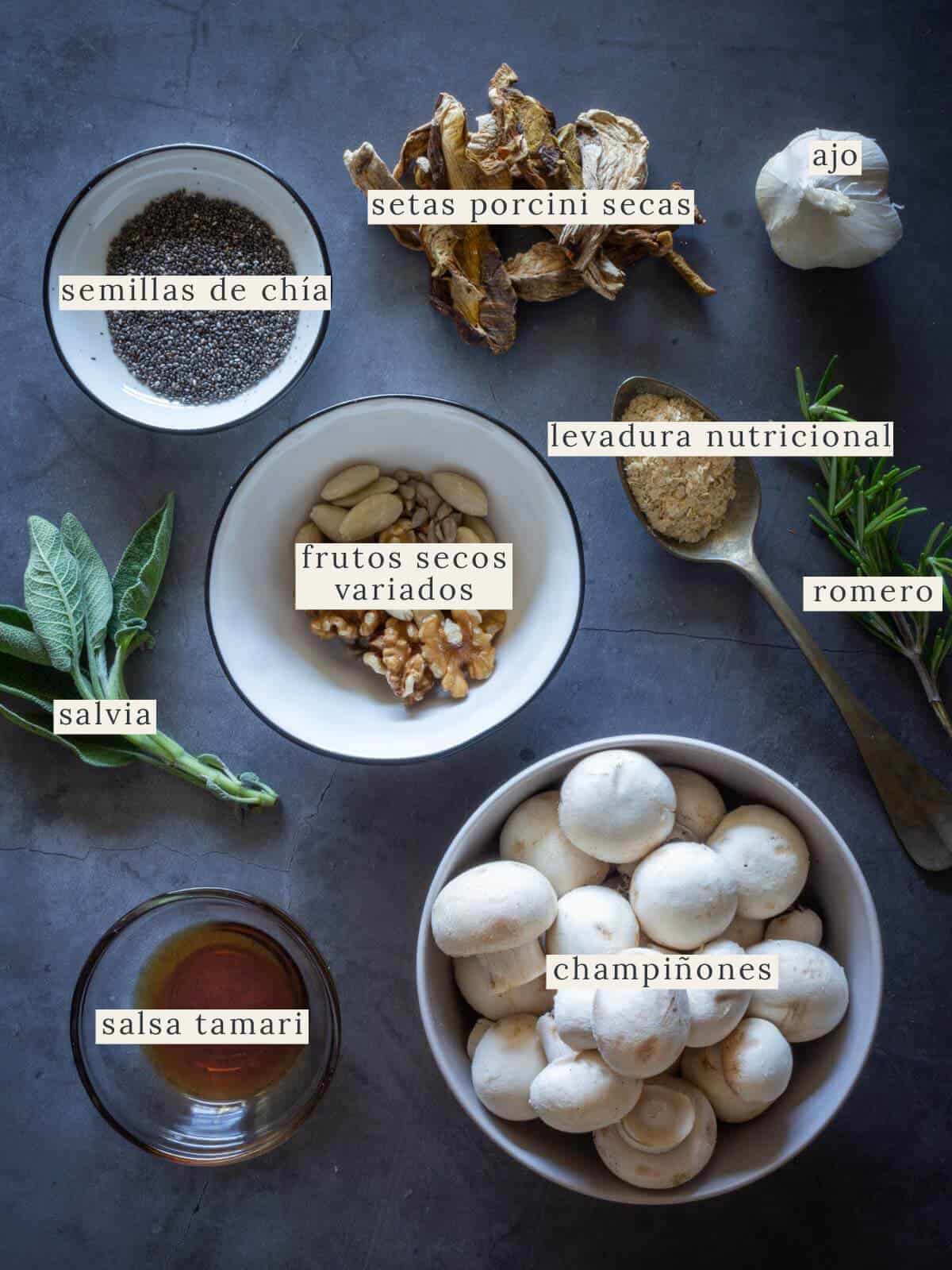 ingredientes para preparar pastel de carne vegano.