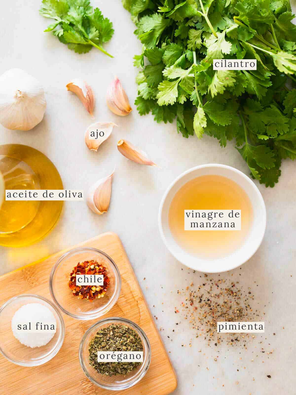 ingredientes para chimichurri de cilantro.