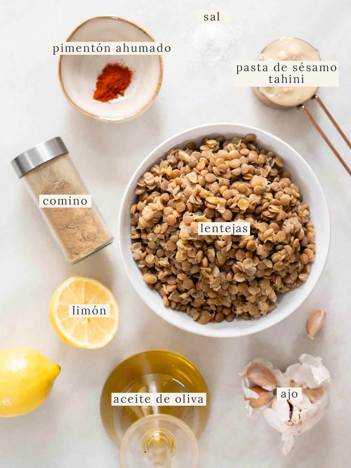 ingredientes para preparar el hummus de lentejas sin garbanzos