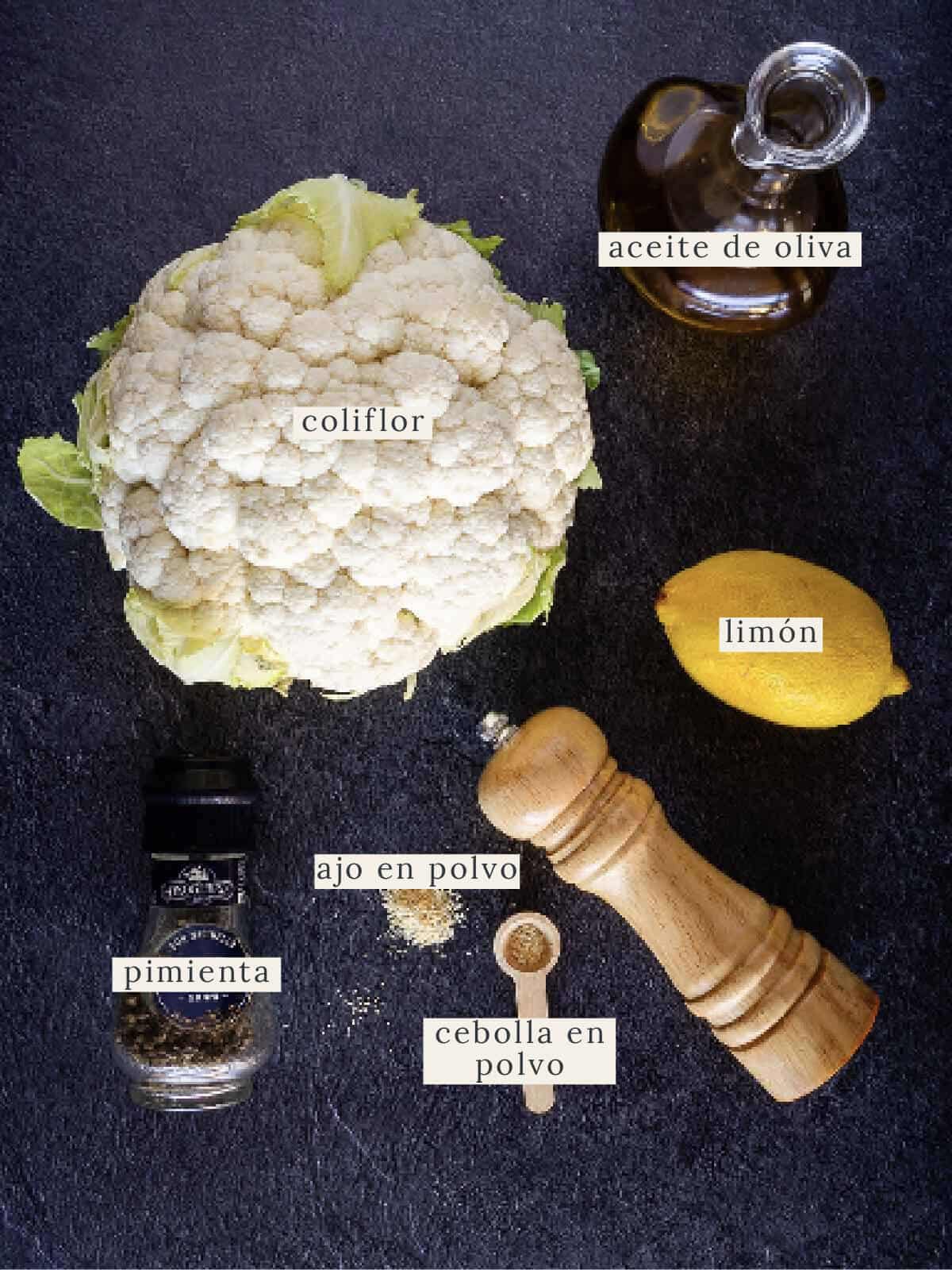 ingredientes para preparar coliflor asada.