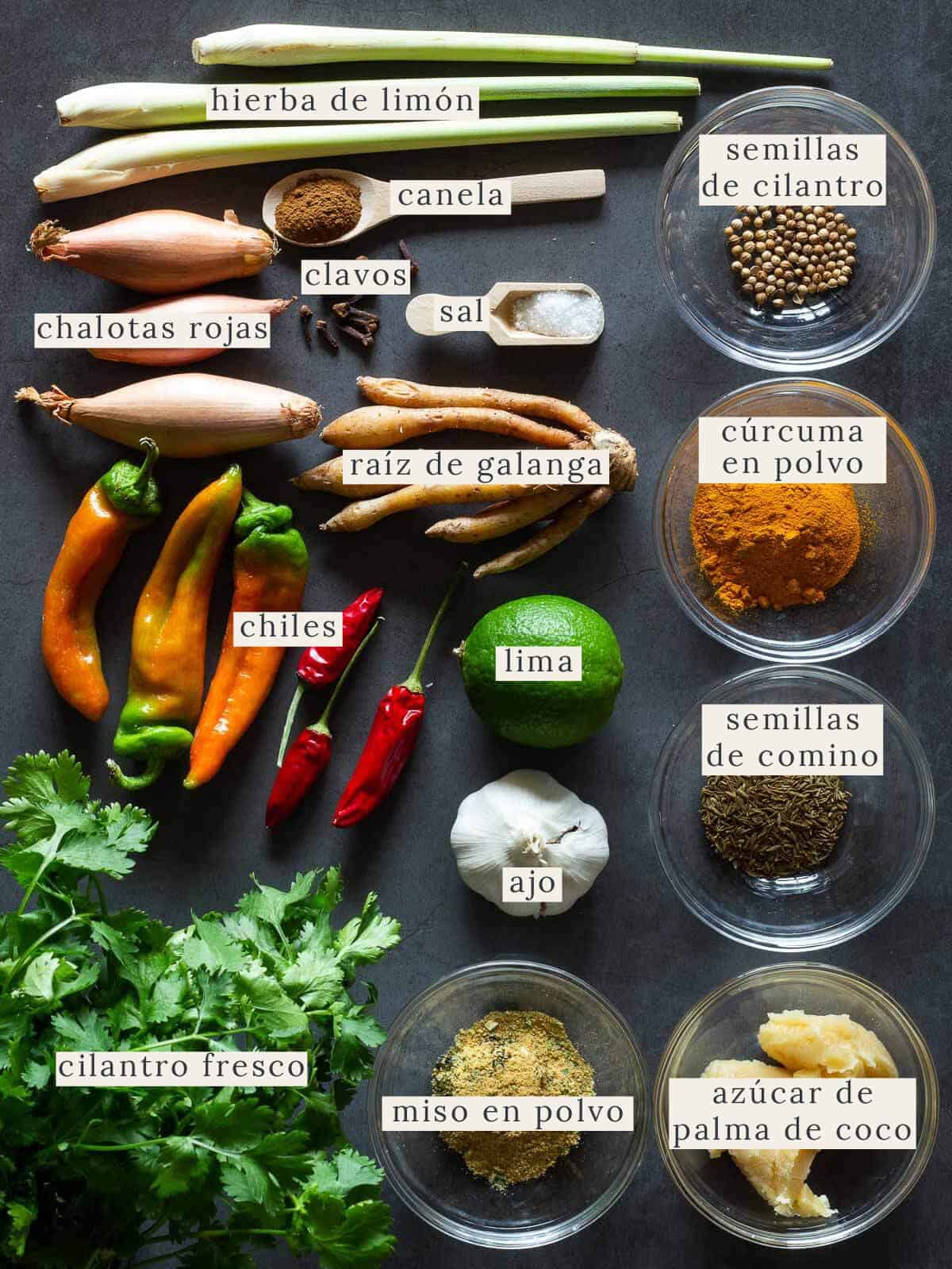 ingredientes para pasta de curry amarillo.
