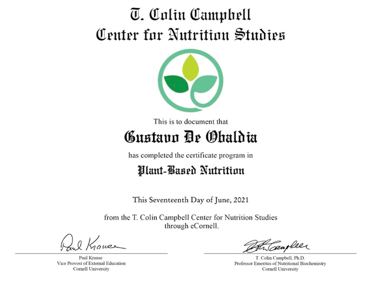 certificado de Nutrición Basada en Plantas de Universidad Cornell.