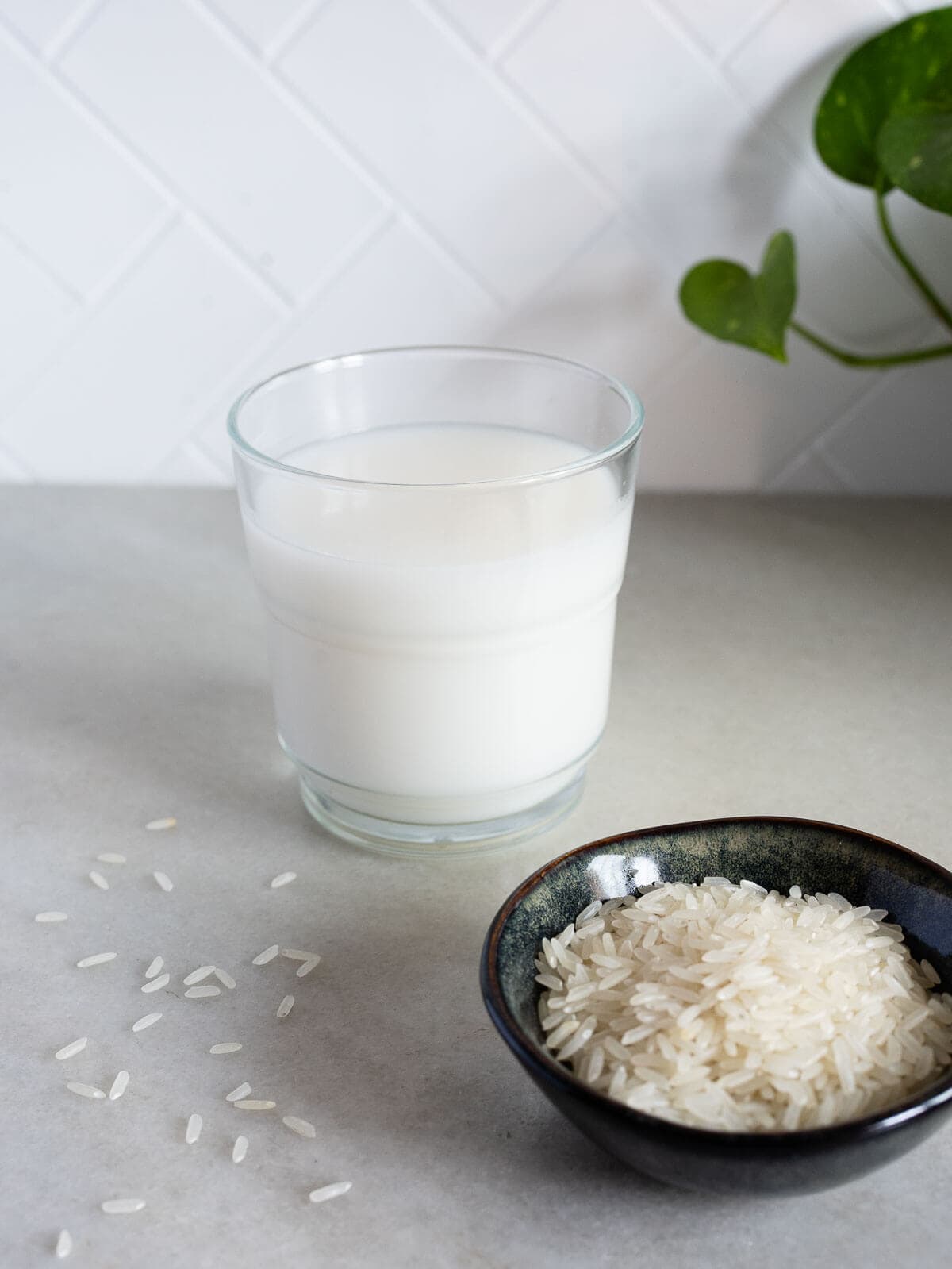 un vaso de leche de arroz junto a un cuenco de granos de arroz blanco sin cocer.