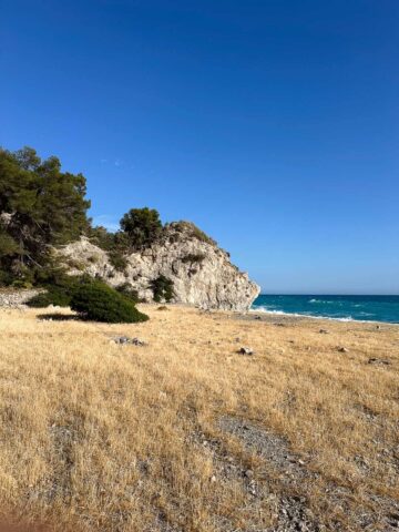 Playa de Cantarriján en Nerja. Si decides ir a la playa, te recomendamos llevar una buena selección de fruta fresca, hummus y verduras, y acompañarlo con una agradable variedad de vinos naturales.