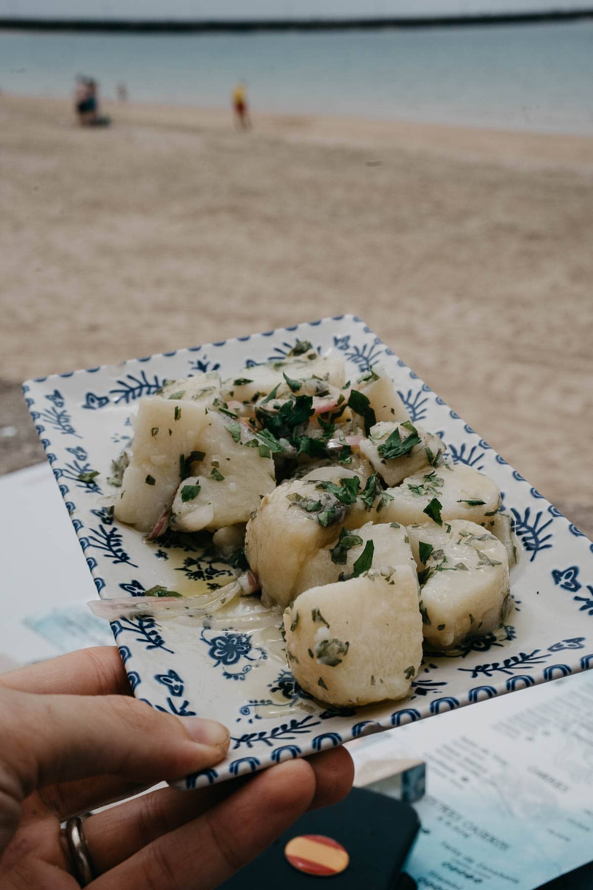 Primer plano de un delicioso plato de Patatas Aliñás, un plato tradicional de Cádiz, presentado en un plato decorativo. Las patatas aliñadas están adornadas con perejil fresco y aderezadas con vinagre de jerez y aceite de oliva. La playa sirve como telón de fondo, con una vista borrosa de la costa y un par de personas disfrutando del mar.