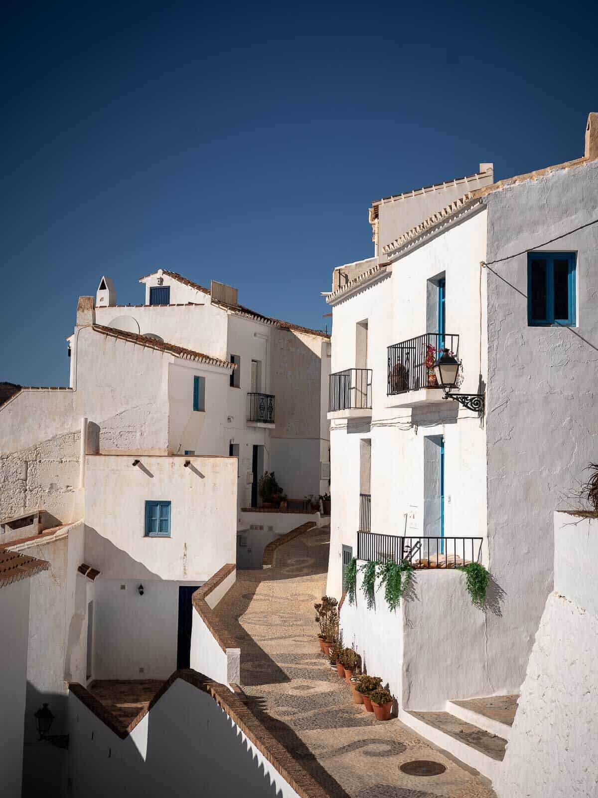 Calle empedrada con casas encaladas de estilo andaluz en Frigiliana, con detalles en azul en ventanas y balcones.