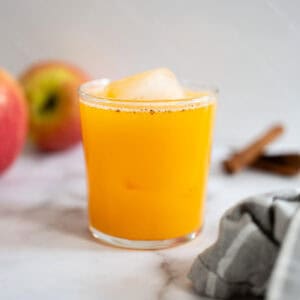 Vaso de jugo de calabaza y manzana servido con un cubo de hielo, con manzanas frescas y canela en el fondo. Bebida ideal para los días de otoño en busca de sabores auténticos y saludables.