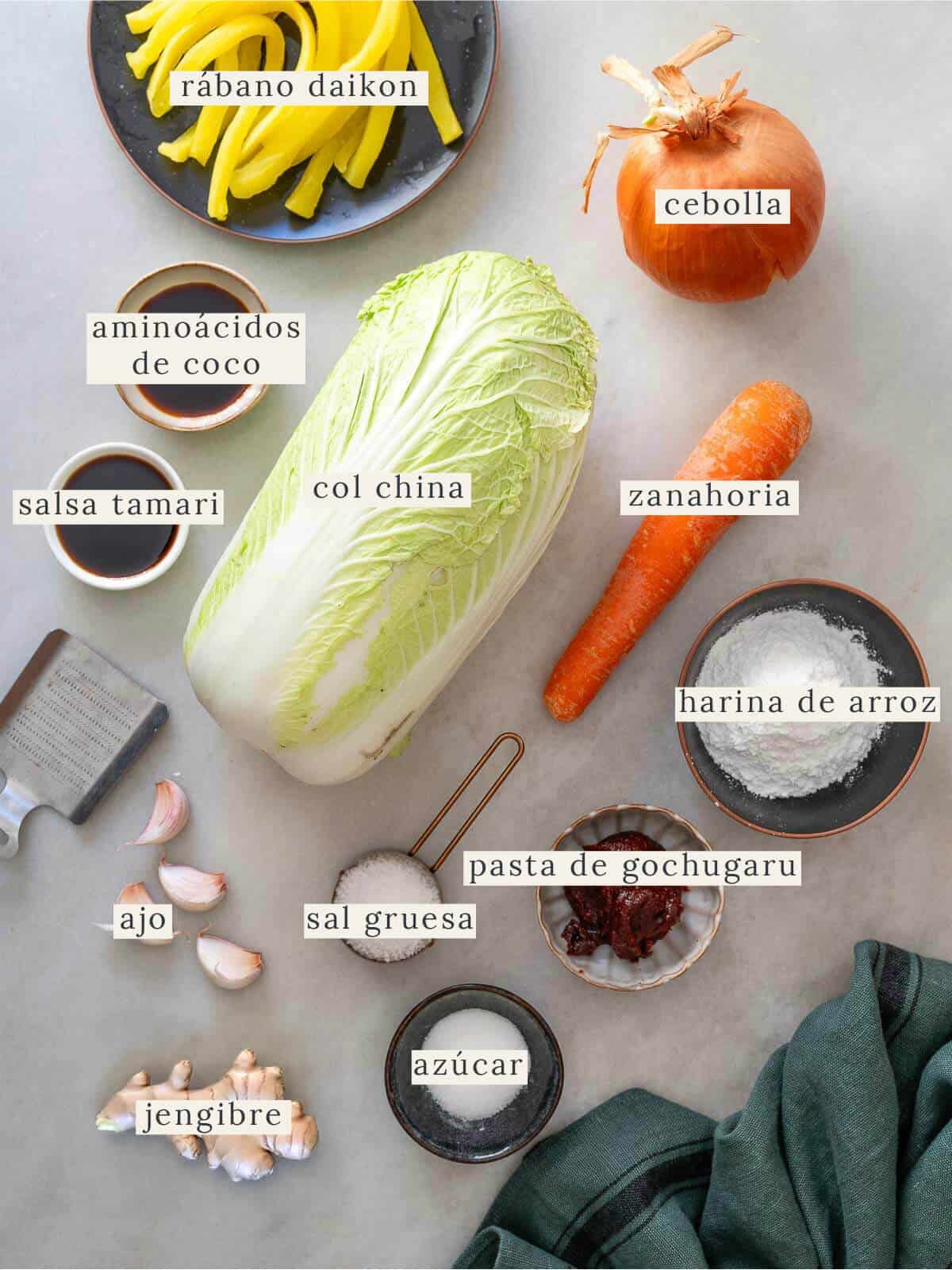 Ingredientes para receta de kimchi vegano: col china, rábano daikon, zanahoria, ajo, jengibre, cebolla, sal gruesa, azúcar, harina de arroz, pasta de gochugaru, salsa tamari y aminoácidos de coco. Receta coreana fermentada, perfecta para amantes de la cocina asiática y fermentos caseros.