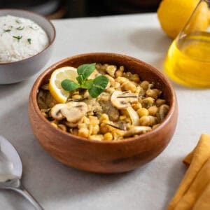 Cocido de garbanzos con verduras en un tazón rústico, decorado con limón y hojas verdes, servido con arroz.