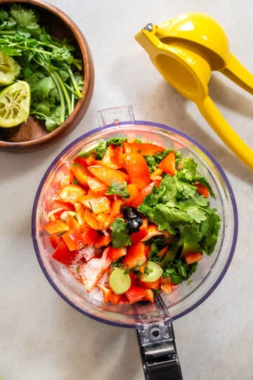 Ingredientes frescos del pico de gallo en procesador: tomates, pimiento rojo, cebolleta y cilantro listos para triturar.