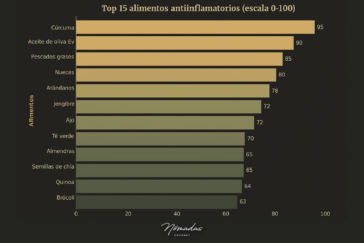 Infografía en formato gráfico de barras que muestra el ranking de los 15 alimentos antiinflamatorios según la ciencia, en escala de 0 a 100. La cúrcuma lidera con 95 puntos, seguida por aceite de oliva virgen extra (90), pescados grasos (85), nueces (80), arándanos (78), jengibre (72), ajo (72), té verde (70), almendras (65), semillas de chía (65), quinoa (64) y brócoli (63). Diseño en tonos cálidos con logotipo de Nómadas Gourmet.