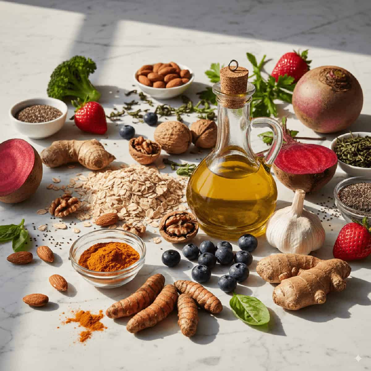 Composición realista de alimentos antiinflamatorios sobre mármol blanco iluminados por luz natural de la mañana: cúrcuma fresca y en polvo, aceite de oliva virgen extra, nueces, arándanos, jengibre, ajo, avena, almendras, té verde, remolacha, brócoli, fresas, semillas de chía y quinoa.