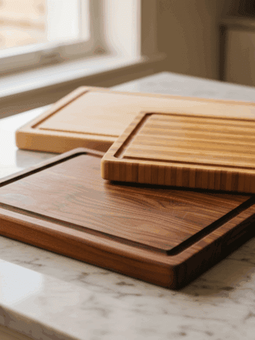 Tres tablas de cortar de madera —teca, arce y bambú— sobre una encimera de mármol blanco, iluminadas con luz natural en una cocina moderna y cálida.
