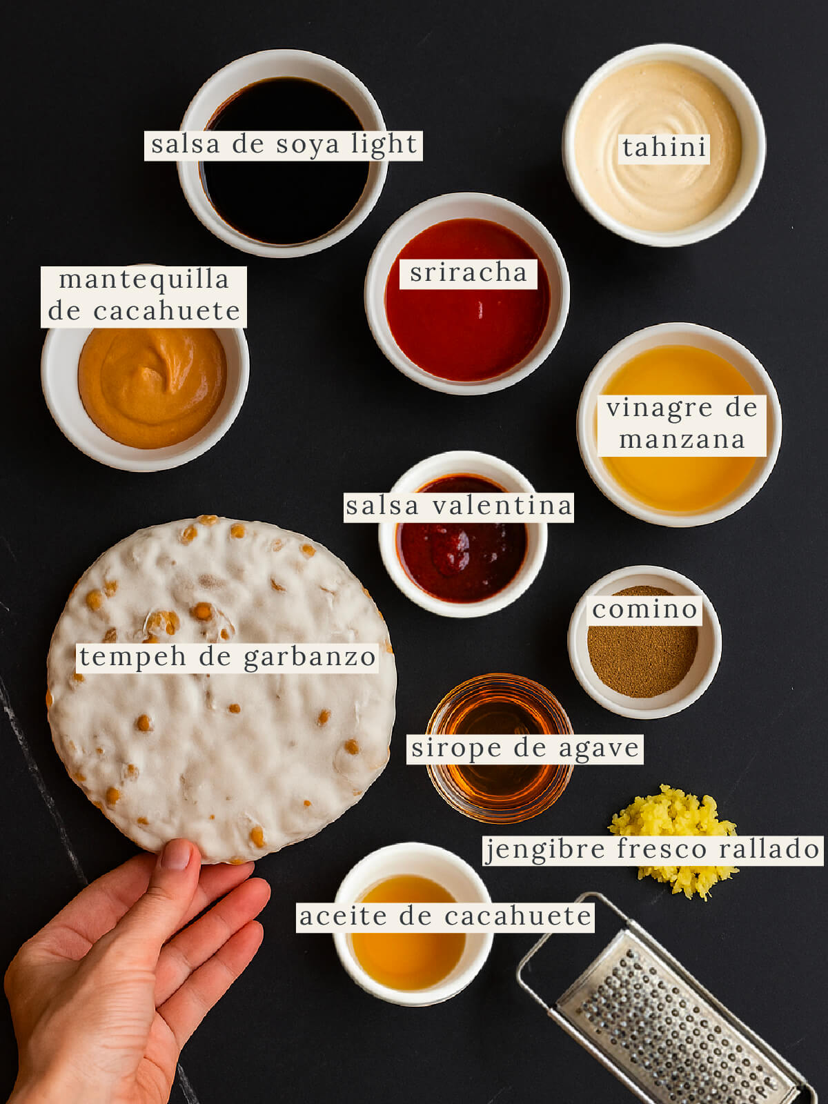 Ingredientes veganos para tempeh al horno sobre mesa de mármol, incluyendo salsas, especias y tempeh de garbanzo.