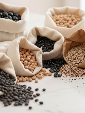 Mezcla de legumbres y quinoa recién compradas, dispuestas en bolsas de tela y papel sobre una mesada de mármol blanco, iluminadas con luz natural lateral. Imagen editorial para un artículo sobre antinutrientes y alimentos vegetales.