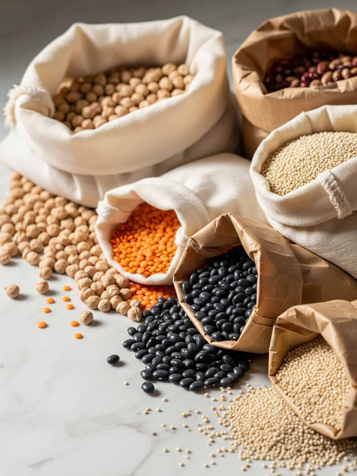 Bolsas de tela y papel abiertas con legumbres variadas —garbanzos, lentejas, frijoles negros y quinoa— derramadas de forma natural sobre mármol blanco, en una escena orgánica con luz suave de la mañana.