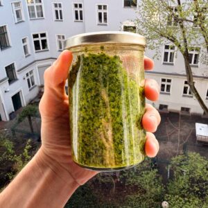 pesto de ajo silvestre y albahaca en frasco de vidrio casero