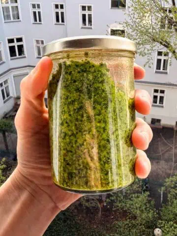 pesto de ajo silvestre y albahaca en frasco de vidrio casero